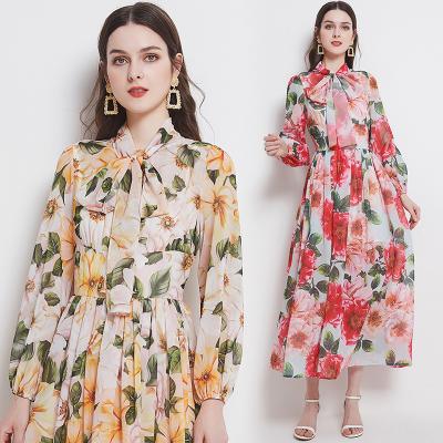 China Anti-Wrinkle Runway Spring Summer Vacation Dress Women Elegant Puff Sleeve Long Rose Print Bohemian Lady Chiffon Long Maxi Dress for sale