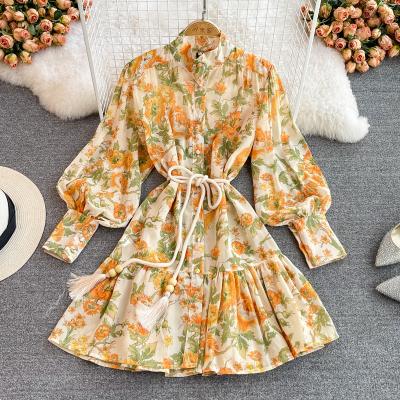 China Anti-Wrinkle Runway Autumn Holiday Short Dress Women Stand Collar Lantern Sleeve Flower Print Long Belted Mini Chiffon Vestidos for sale