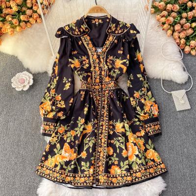 China Anti-Wrinkle Runway Summer Vacation Shorts Dress Women Clothing Ruffles Stand Collar Lantern Sleeve Flower Print Mini Dress for sale