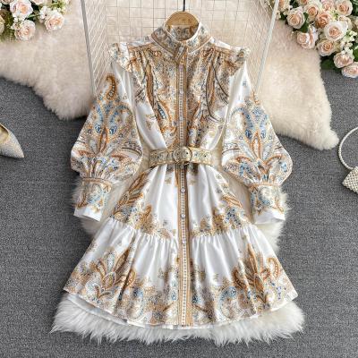 China Anti-wrinkle Retro Floral Print Short Dress Women Summer Stand Collar Lantern Sleeve Vintage Above Knee Mini Runway Dress Robe for sale