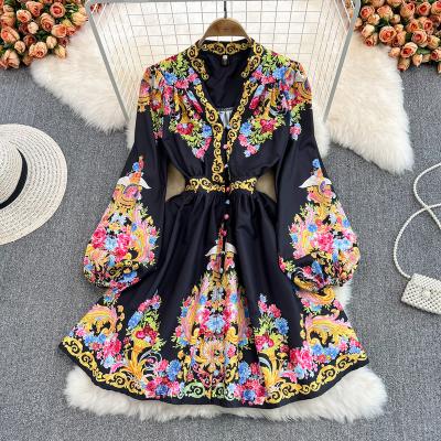 China New 2022 Fashion Spring Runway Anti-wrinkle Mini Dress Women Summer V-Neck Long Sleeve Belt Floral Print Elegant Dress Dress for sale