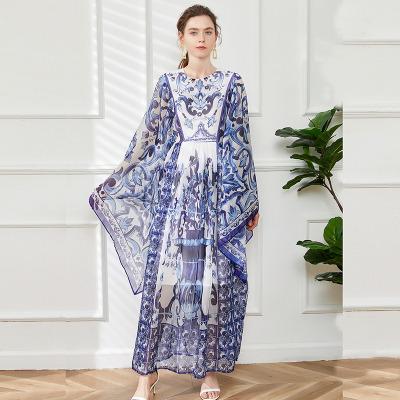 China Women's Summer Long Dress Designer Anti-wrinkle Long White Flare Sleeve Blue China Printing Bohemian Slik Maxi Dress for sale