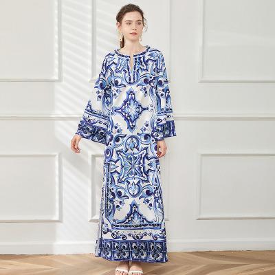 China 2022 print china Anti-wrinkle Autumn Runway Long Dress Women bohemian fashion blue and white Maxi Dress loose dress for sale