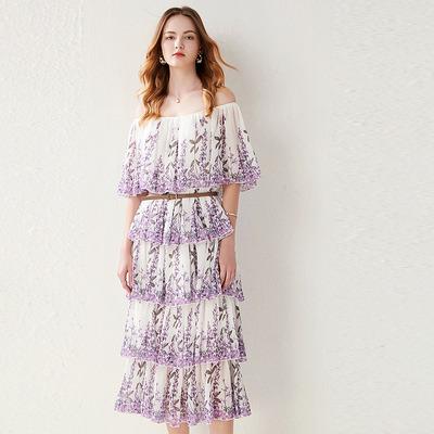 China Hot Selling Anti-wrinkle Woman Casual Dress Ruffle Layer Off Shoulder Slash Neck Cake Dress Mid Length Chiffon Pleated Holiday Casual Dress for sale