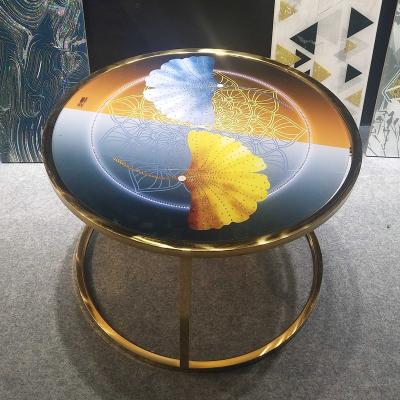 China Modern Crystal Coffee Table Tea Table Furniture Crystal Color Top Abstract Rhinestone Ginkgo /Shinning Leaf Custom Faux Stone Vacuum Potting Table for sale