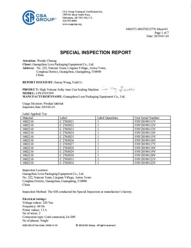 CSA - Guangzhou Leva Packaging Equipment Co., Ltd.