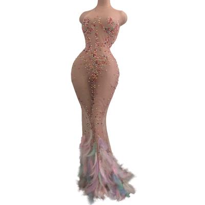 China Breathable Sexy Perspective Mesh Halter Pearls Party Long Dress Ladies Stage Wear Feathers Club Evening Dress Women Mermaid Prom Dresses for sale