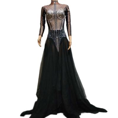 China Women Singer Fashion Rhinestone Party A Line Black Breathable Mesh Long Stage Costumes Floor Length Club Prom Dress Evening Dress for sale