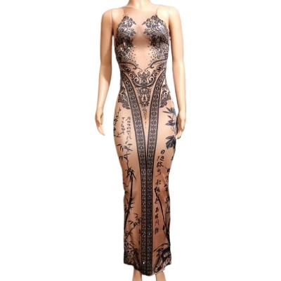 China Long Stage Prom Dresses Breathable Bamboo Party Pattern Rhinestone Spandex Skin Color Chinese Style Dress Women Singer Sexy Costume Women Singer Costume for sale