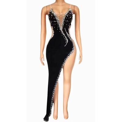 China Breathable Sexy Black Velvet Crystal Birthday Party Dress Women Hollow Out Ballroom Dance Stage Wear Evening Latin Formal Dress for sale