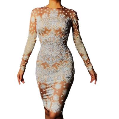 China Breathable Elegant Long Sleeves Print Beads Formal Wedding Party Dress Ladies Prom Bodycon Dress Plus Size Sexy Women Party Suit for sale