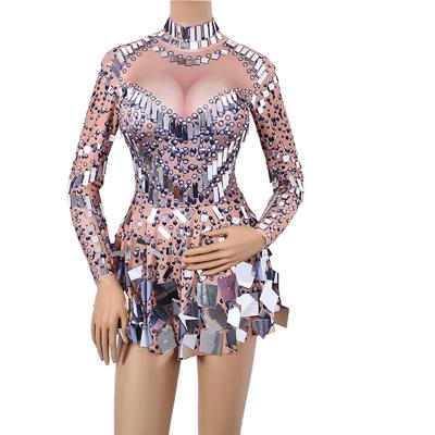 China Dresses fashion nude mirror sequins sparkly dress women stage costume sexy nightclub dance dress girl performance wear for sale