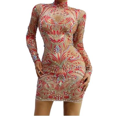 China Fashion Printing Rhinestone Prom Club Mini Dresses Ladies Stage Dance Breathable Dress Plus Size Bodycon Sexy Casual Outfits For Women for sale