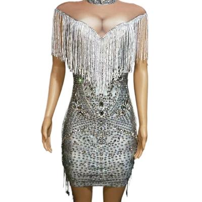 China Breathable Crystal Tassel Bodycon Wedding Party Ballroom Dress Ladies Latin Dance Stage Costume Women Club Evening Prom Dress for sale