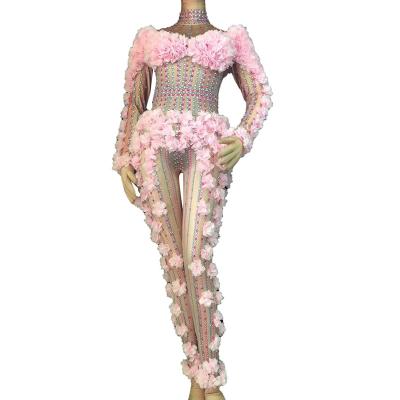 China Sexy Flowers Crystal One Piece Jumpsuit Women Bodycon Club Party Dance Playsuits Jumpsuits Stage Performance Wear Sets Designer for sale