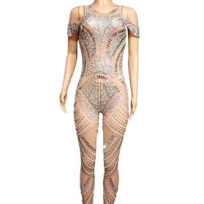 China Breathable Sparkly Sleeveless Pearls Crystal Bodysuit Female Pole Dance Stage Costume Sexy Playsuits Women Club Prom Bodycon Jumpsuit for sale