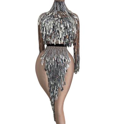 China Sets Sexy Tassel Sequins Top + Skirt Womens Backless High Slit Singer Party Outfit Set Nightclub Performance Stage Dance Costumes for sale