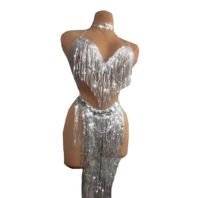 China Sets Sexy Halter Silver Sequins Tassel Bikini Outfit Sets Fringes Bra High Slit Skirt Women Pole Dance Performance Stage Costumes for sale