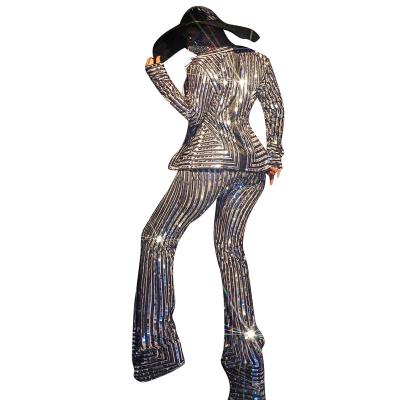 China Sets Womens Costumes Stripe Silver Sequins Suits + Flare Jumpsuit Nightclub Party Outfits Sets Dancer Performance Stage Costumes for sale