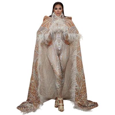 China Sets Fashion White Print Skinny Playsuit With Feathers Long Cloak Women Stage Costumes Performance Outfits Sets Dance Jumpsuit for sale