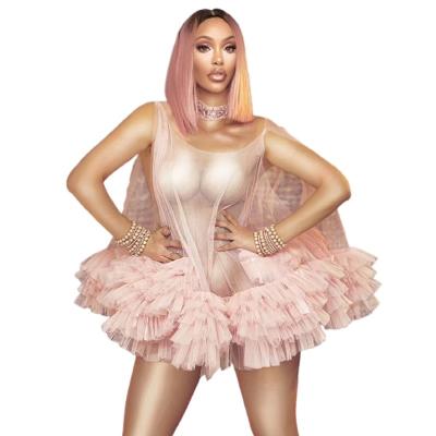 China TRANSLUCENT Designer Cute Pink Mesh Ruffle Club Party Mini Dress Women Sexy Prom Bodysuit Exotic Dancewear Stage Performance Outfits for sale