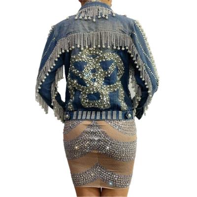 China Breathable Fashion Long Sleeves Rhinestones Skulls Pearls Tassel Denim Jacket Women Club Party Short Coats Motorcycle Jacket Plus Size for sale