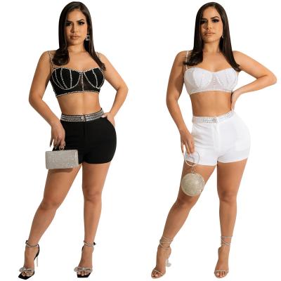 China Breathable Summer Sexy Black White Rhinestones Bra + Shorts Bikini Outfit Sets Women Stage Pole Dance Wear Club Party Costumes Plus Size for sale