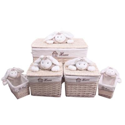 China Large Lidded Rectangle Cheap Durable Housewares Wicker Laundry Baskets With Animal Toy Handle Set Of 5 for sale