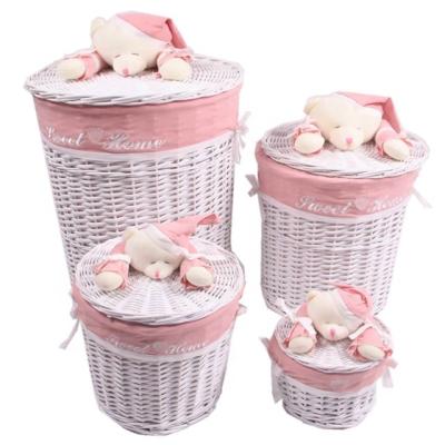 China Large Round Cheap Lidded Household Goods Wicker Wicker Laundry Baskets With Animal Toy Handle Set Of 4 for sale