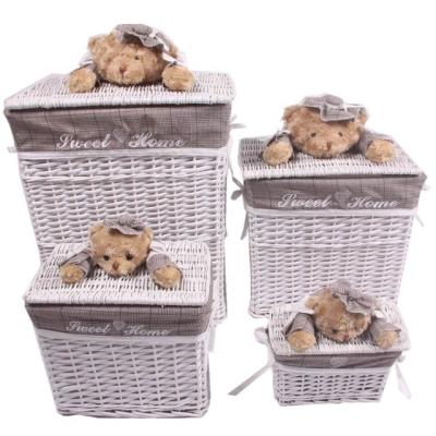 China Large Lidded Rectangle Cheap Durable Housewares Wicker Laundry Baskets With Toy Animal Handle Set Of 4 for sale