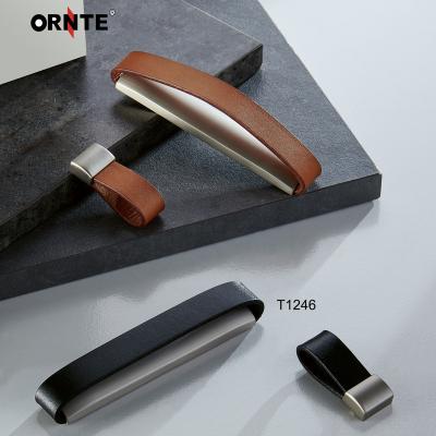 China ORNTE Modern Genuine Leather Brass Pull Knobs Handles For Drawer And Furniture for sale