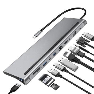 China Support Type C Laptops 12 In 1 Usb Hub 4K Docking Station With RJ45 Charging Ethernet 1080p VGA PD USB3.0 Hub USB3.0 Type-C for sale