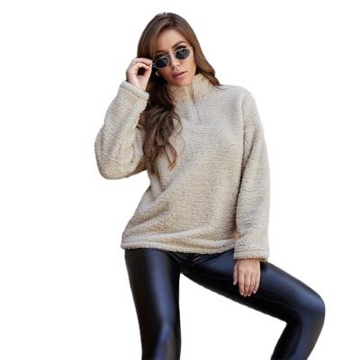 China Top Sell Women Fleece Zipper Collar Long Sleeve T-shirt European Hairy Loose Dishonest Warm Zipper Crop Top for sale