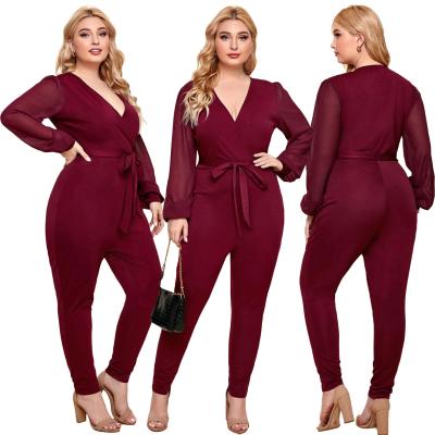 China Soft Hot Selling Elegant Casual Women V-Neckline Long Sleeve Plus Size Wine Red Overalls Wholesale for sale