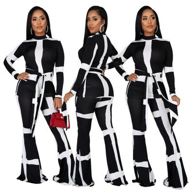 China Anti-pilling 2021 the latest hot sale striped lace-up flare pants suit women two-piece for sale