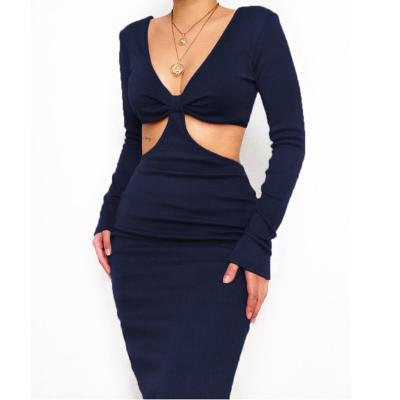 China Spring Summer Breathable Breathable Rib Knit Elegant Women's Gear Neck Dress Long V Bodycon Maxi Simple Solid Dress for sale