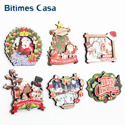 China Merry People 3D Christmas Fridge Season Wooden Fridge Magnets For Home Decoration Magnetic Sticker for sale