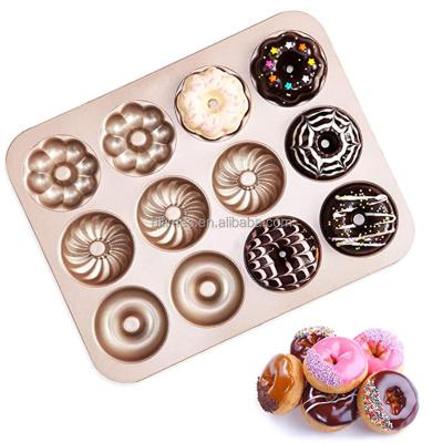 China 3 Patterns Sustainable High Quality Non-Stick Donut Pan With Carbon Steel 12-Cavity Food Grade Coating for sale