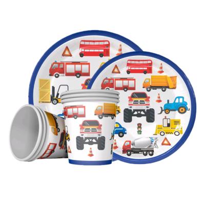 China 7 inch flat engineering paper blue truck cartoon themed disposable tableware set 9 inch flat paper cup birthday party tableware set for sale