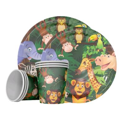 China Amazon paper animal jungle cartoon themed disposable tableware 7 inch dish 9 inch dish paper cup set birthday party tableware supply for sale