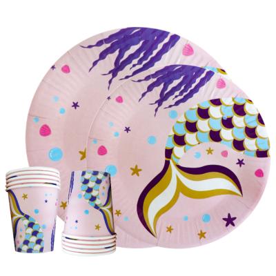 China Fishtail Theme Border Pink Tableware Mermaid Paper Cup Paper Plate Birthday Party Tableware Set for sale