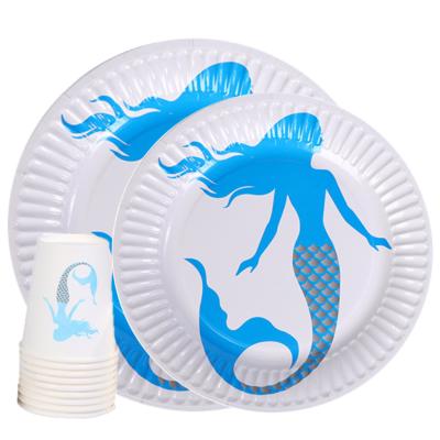 China Disposable Party Picnic Cup Disposable Paper Plate Mermaid Paper Plate Cake Dish Party Supplies for sale