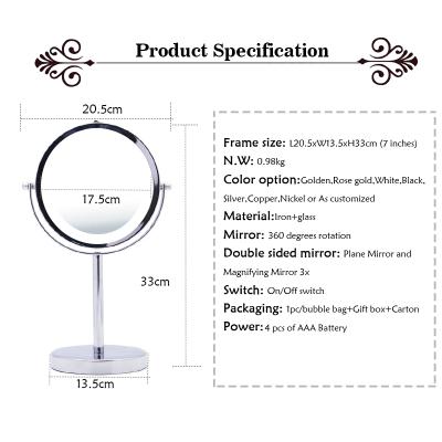 China Lighted 7 Inch Cordless Double Sided Lighted Vanity Makeup Mirror With Stand 360 Degree Rotation Chrome Table Mounted Beauty Tools for sale