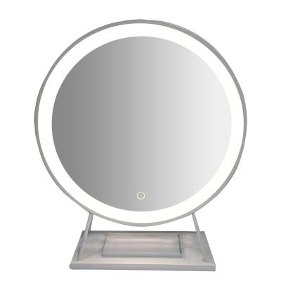 China 50cm Diameter Round LED Lighted Vanity Storage Mirror Inside Desk Metal Frame LED Light Table Top Tricolor Dimming Makeup Mirror for sale