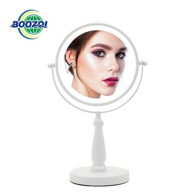 China 1X/5X Lighted Magnify Double Sided Round Vanity Mirror Metal Stand Portable Led Light Makeup Mirror For Bedroom for sale