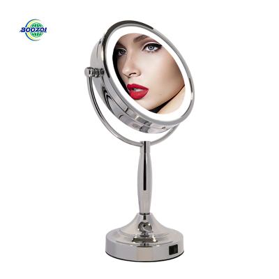 China Custom Round Lighted Logo Double Sides Makeup Lights Vanity Mirror 8X Magnifying Led Lighted Vanity Mirror With 360 Degree Rotation for sale