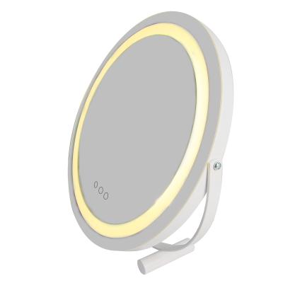 China Budget Low Price LED Lighted Tricolor Vanity Makeup Mirror AC Friendly Dimmable Adapter Powered 360 Degree Rotation White Mirror for sale