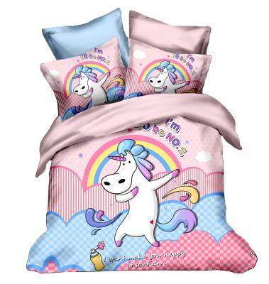 China Modern 100% Polyester Bed Sheet, Unicorn Cartoon Design Bedding Set Digital Printing Comforter Covet Set for sale