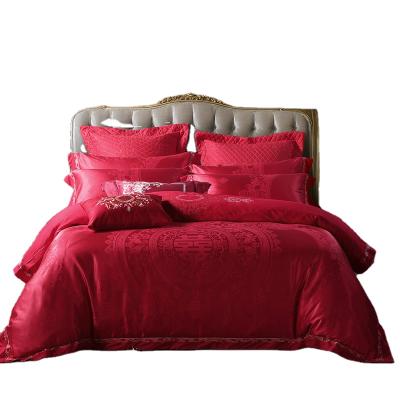 China Nondisposable Pure Red Luxury Classic Silk Cotton Jacquard Embroidery Bedding Set Bed Spread Bed Cover for sale