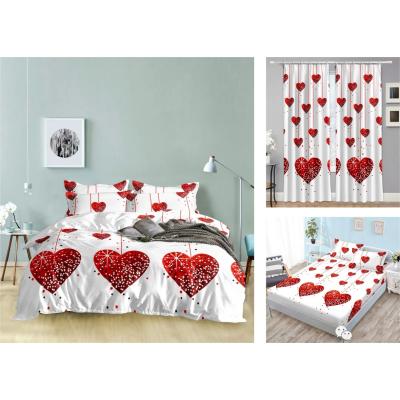 China Hotsale Nondisposable 100% Polyester Printed Black White Color Heart Love Patterns Bed Sheet Bedroom Bedding Set Matching Curtain for sale